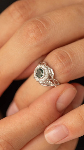Moss agate and diamond halo engagement ring, nature themed gold branch ring  / Tilia halo - Eden Garden Jewelry™
