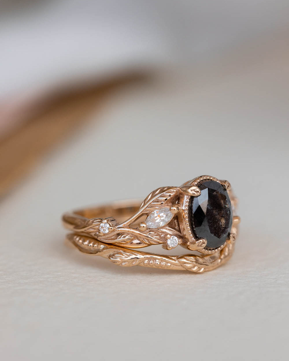 Oval salt and pepper diamond engagement ring set, nature inspired bridal ring set with diamonds / Patricia - Eden Garden Jewelry™