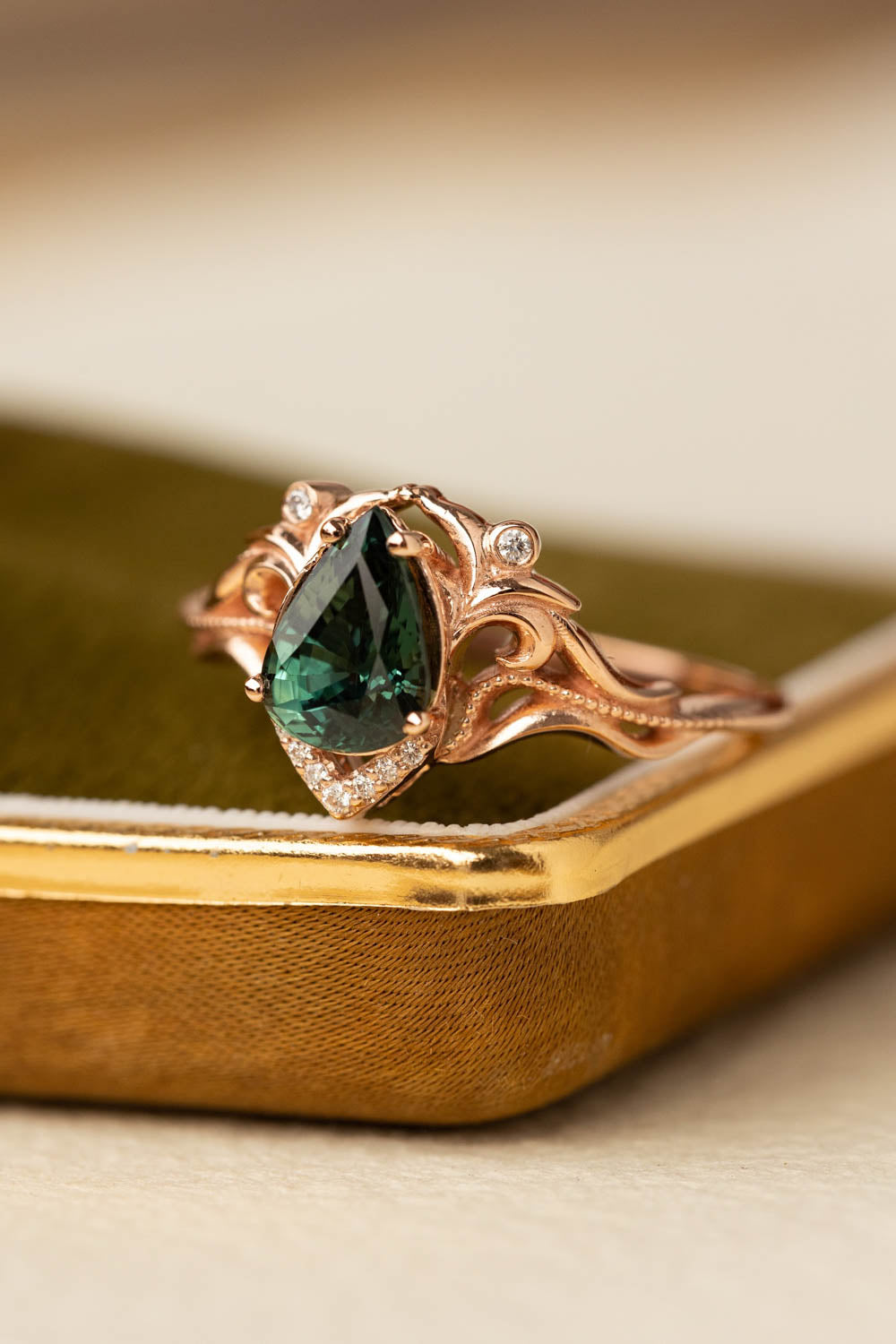 Oval Green Sapphire Ring Stack Rose Gold Halo Diamond Wedding Band Set | La  More Design