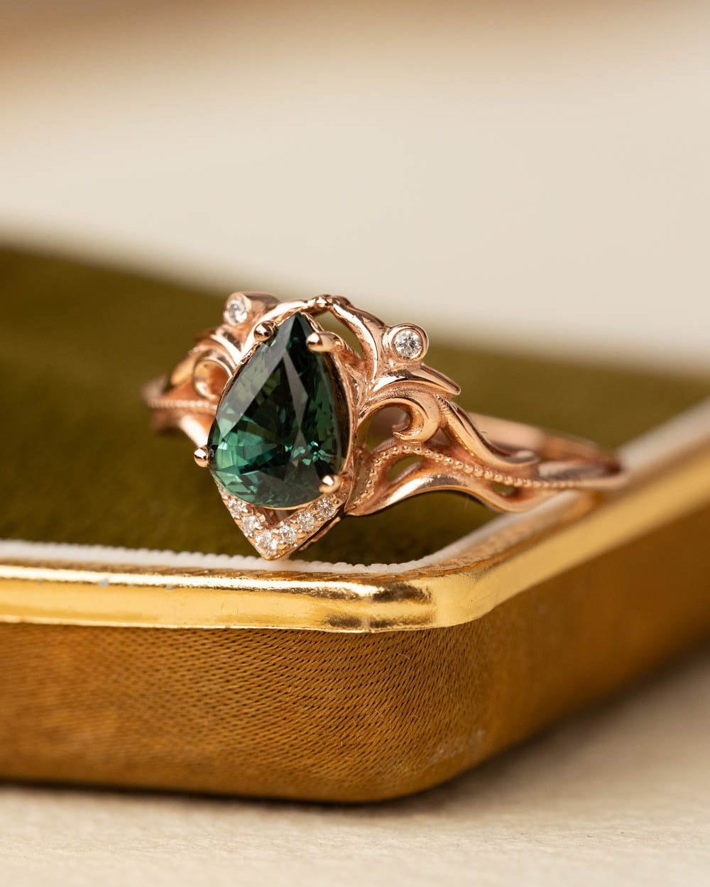 1.3 ct genuine green sapphire engagement ring, teardrop sapphire and diamonds proposal ring / Lida small - Eden Garden Jewelry™