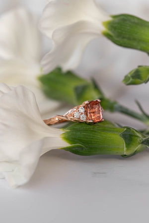 Pink tourmaline and diamonds engagement ring, emerald cut gemstone gold ring / Gloria - Eden Garden Jewelry™