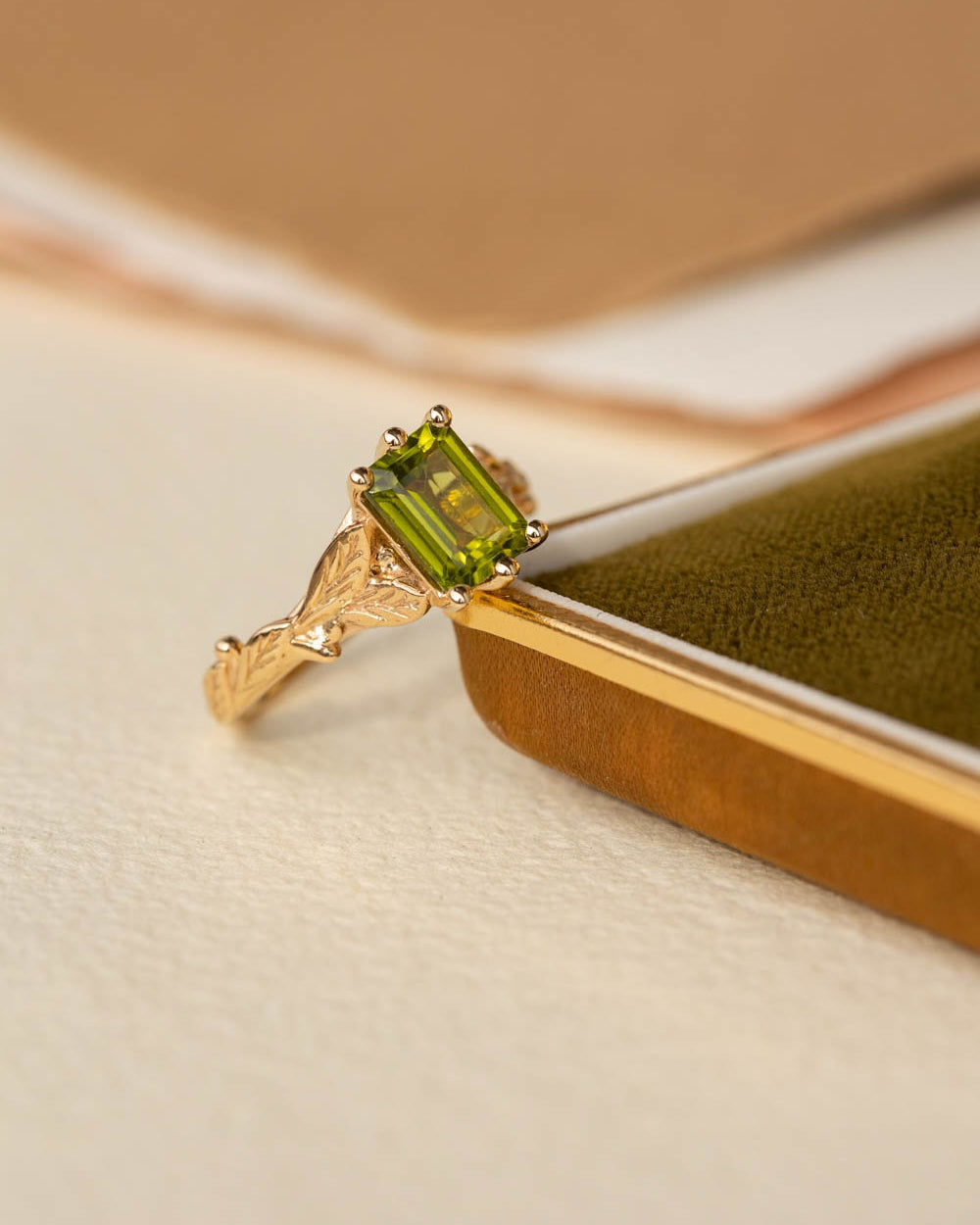 Octagon peridot engagement ring, nature themed branch proposal ring / Freesia - Eden Garden Jewelry™