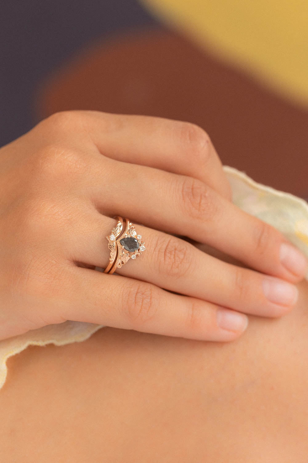 Pear cut salt & pepper diamond bridal ring set / Ariadne - Eden Garden Jewelry™