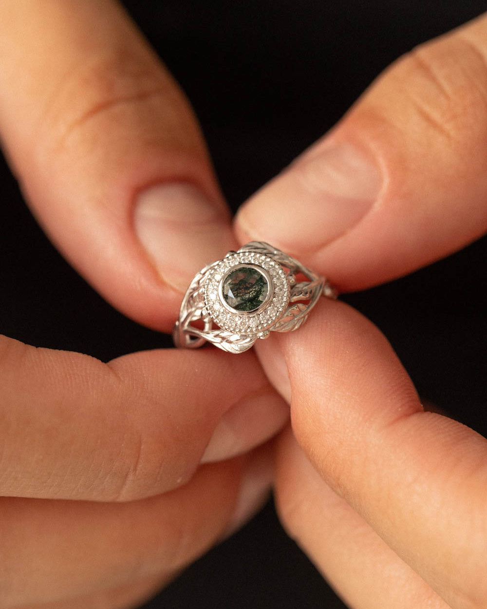 Moss agate and diamond halo engagement ring, nature themed gold branch ring  / Tilia halo - Eden Garden Jewelry™
