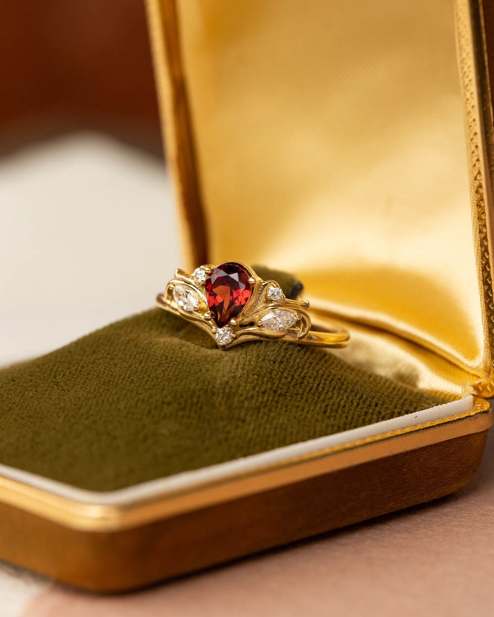 Pear shaped garnet engagement ring, alternative bridal ring set / Swanlake - Eden Garden Jewelry™
