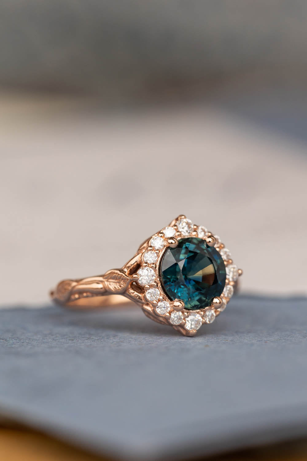 Gorgeous teal sapphire engagement ring with diamond halo, nature inspired gold ring with 2.3 carat sapphire and diamonds / Florentina - Eden Garden Jewelry™