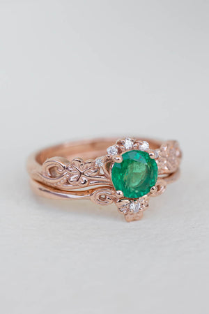 Round emerald rose gold engagement ring, clover leaves proposal ring with diamonds / Horta - Eden Garden Jewelry™