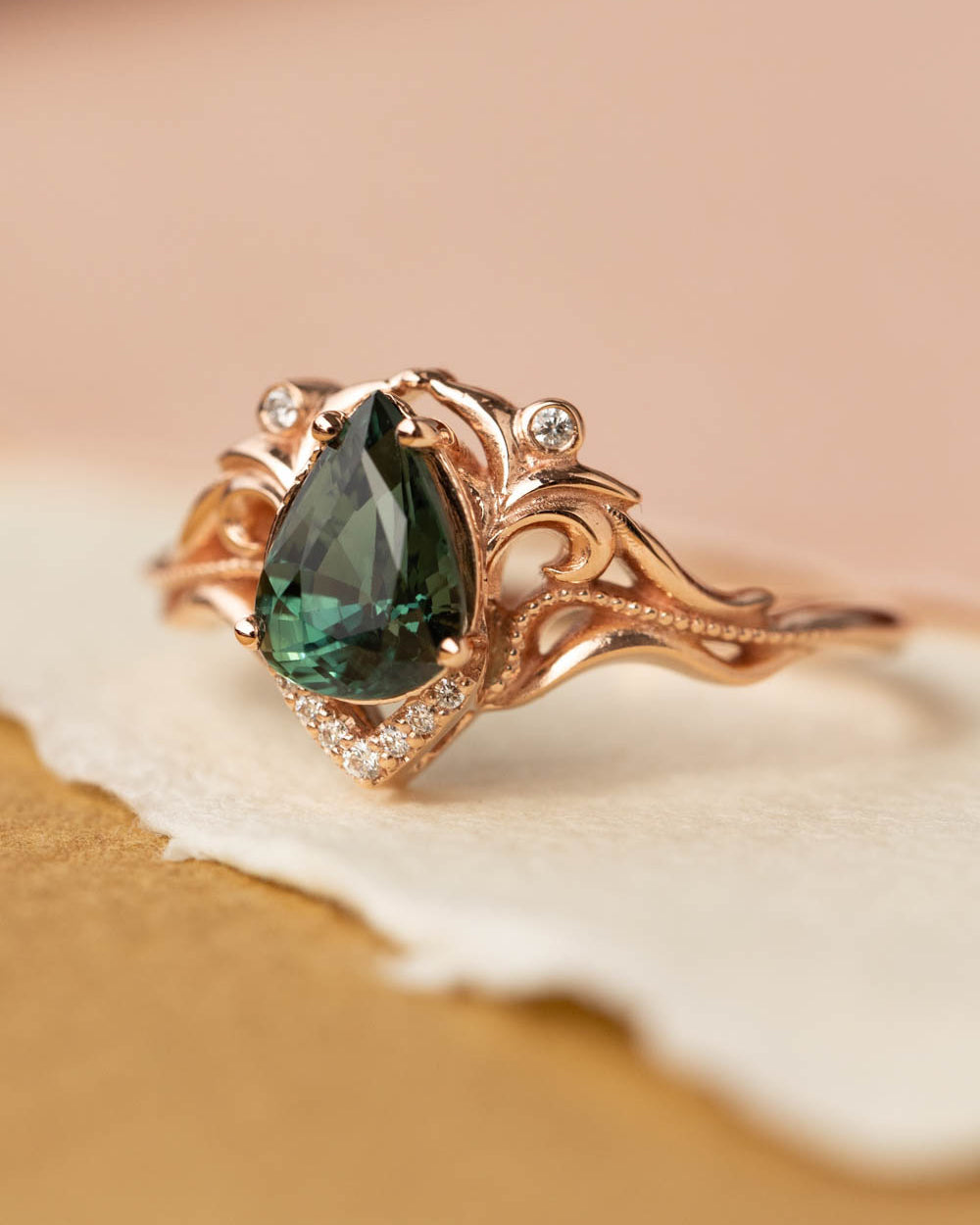 1.3 ct genuine green sapphire engagement ring, teardrop sapphire and diamonds proposal ring / Lida small - Eden Garden Jewelry™