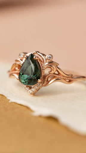 1.3 ct genuine green sapphire engagement ring, teardrop sapphire and diamonds proposal ring / Lida small - Eden Garden Jewelry™