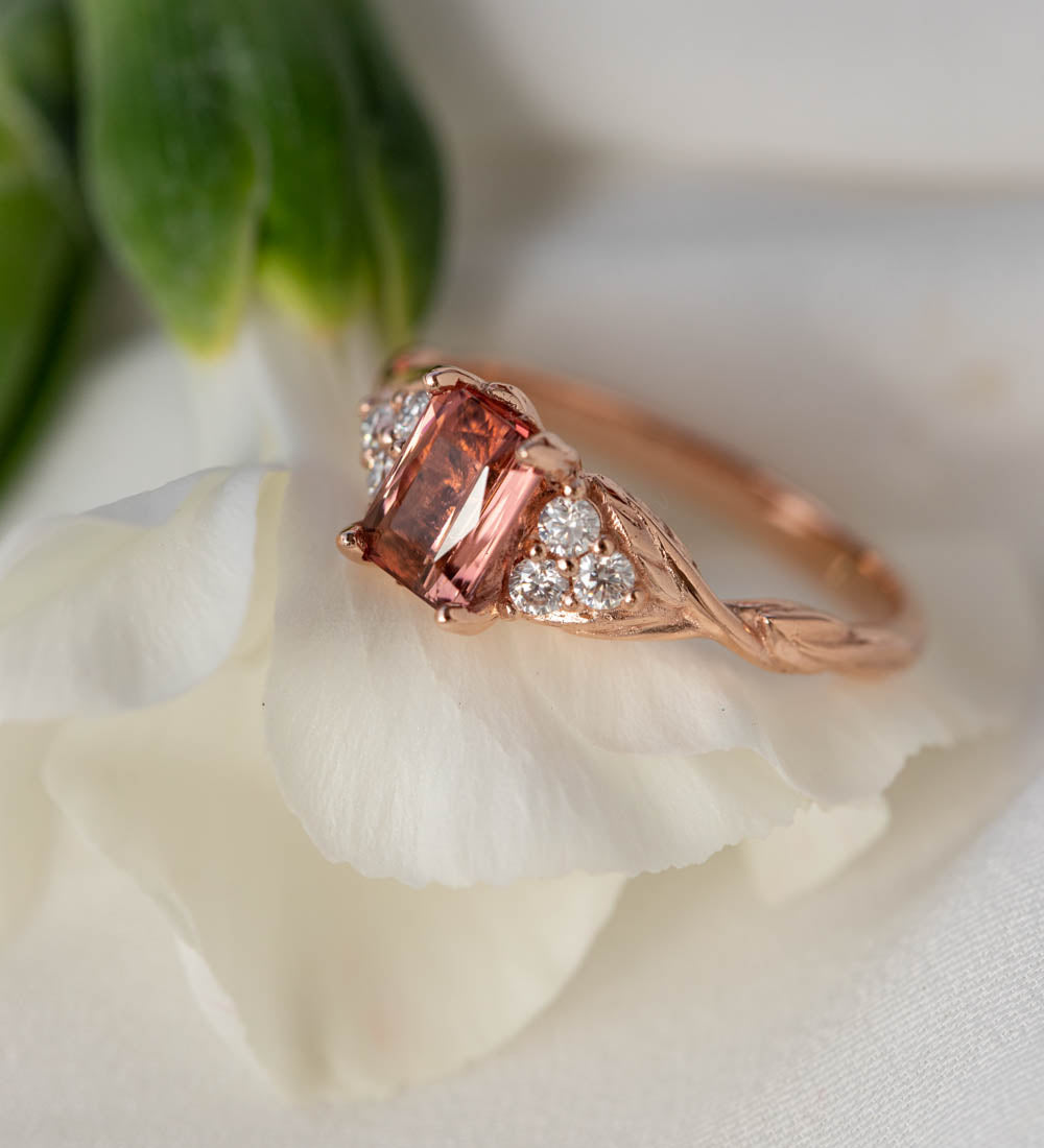 Pink tourmaline and diamonds engagement ring, emerald cut gemstone gold ring / Gloria - Eden Garden Jewelry™