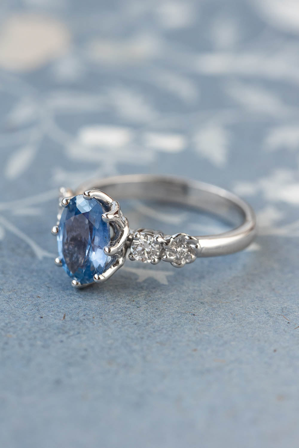 Blue sapphire engagement ring, white gold flower engagement ring / Fiorella - Eden Garden Jewelry™