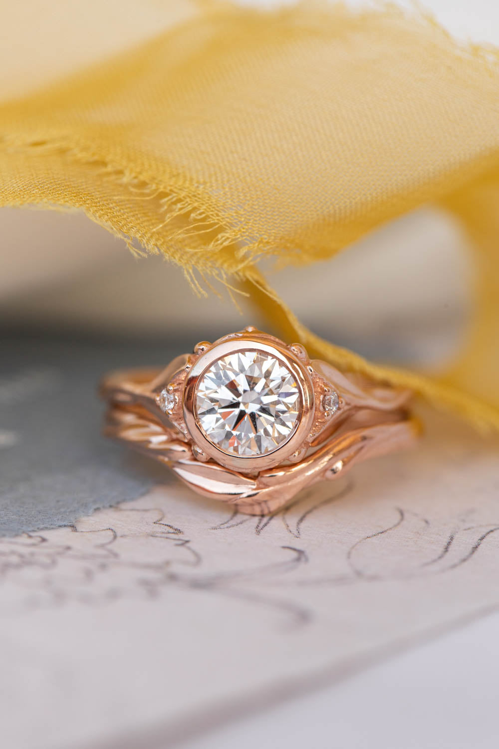Roma | custom bridal ring set with round cut gemstone in bezel 6.5 mm - Eden Garden Jewelry™
