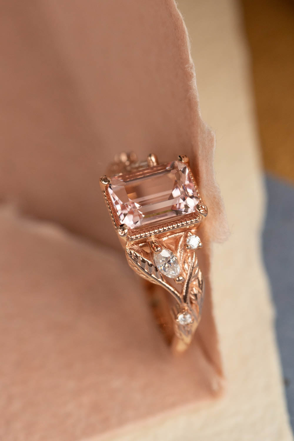 Morganite engagement ring set, emerald cut gemstone bridal ring set / Patricia - Eden Garden Jewelry™
