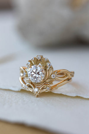 1 carat moissanite engagement ring set, foliage crown bridal ring set / Nika - Eden Garden Jewelry™