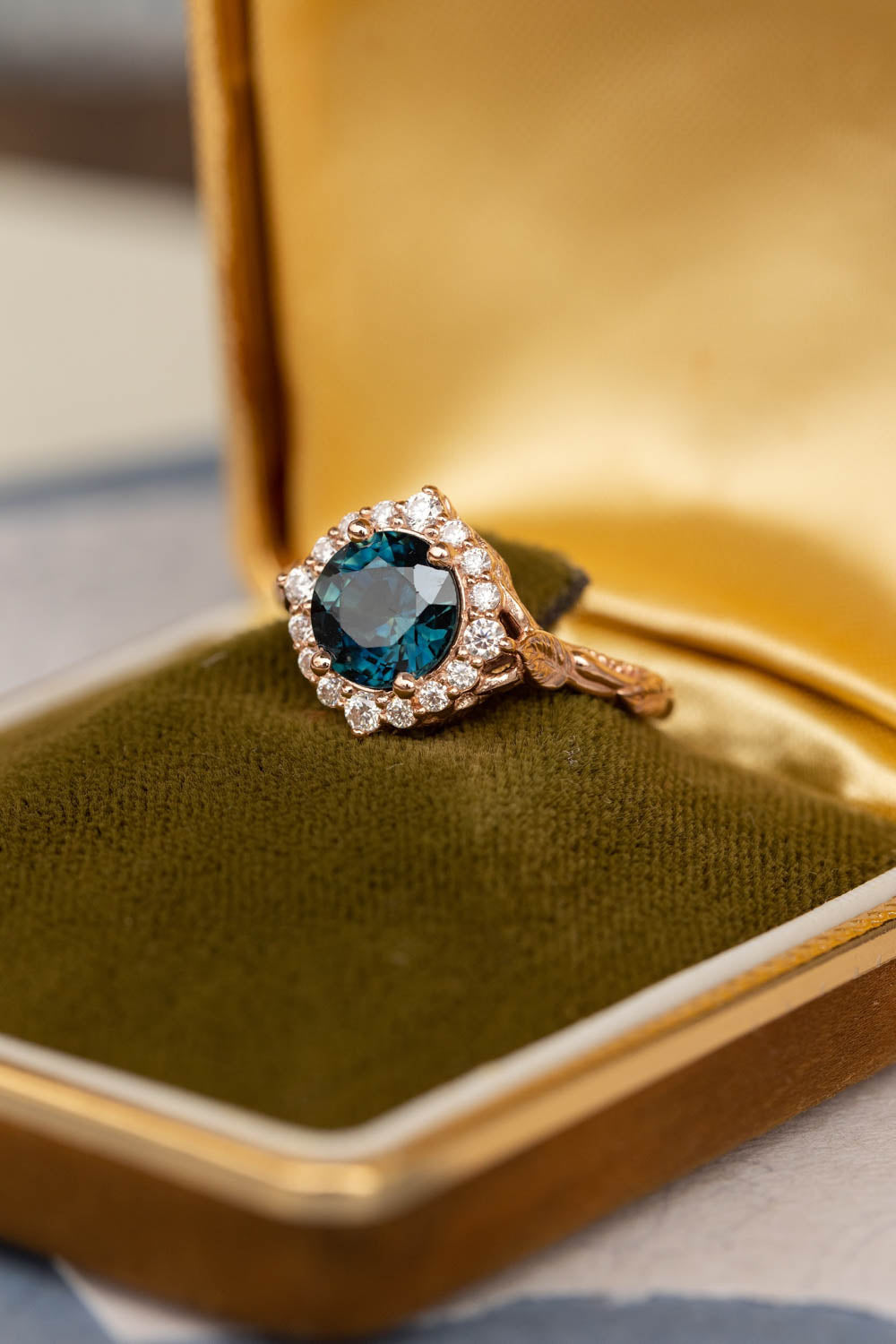 Gorgeous teal sapphire engagement ring with diamond halo, nature inspired gold ring with 2.3 carat sapphire and diamonds / Florentina - Eden Garden Jewelry™