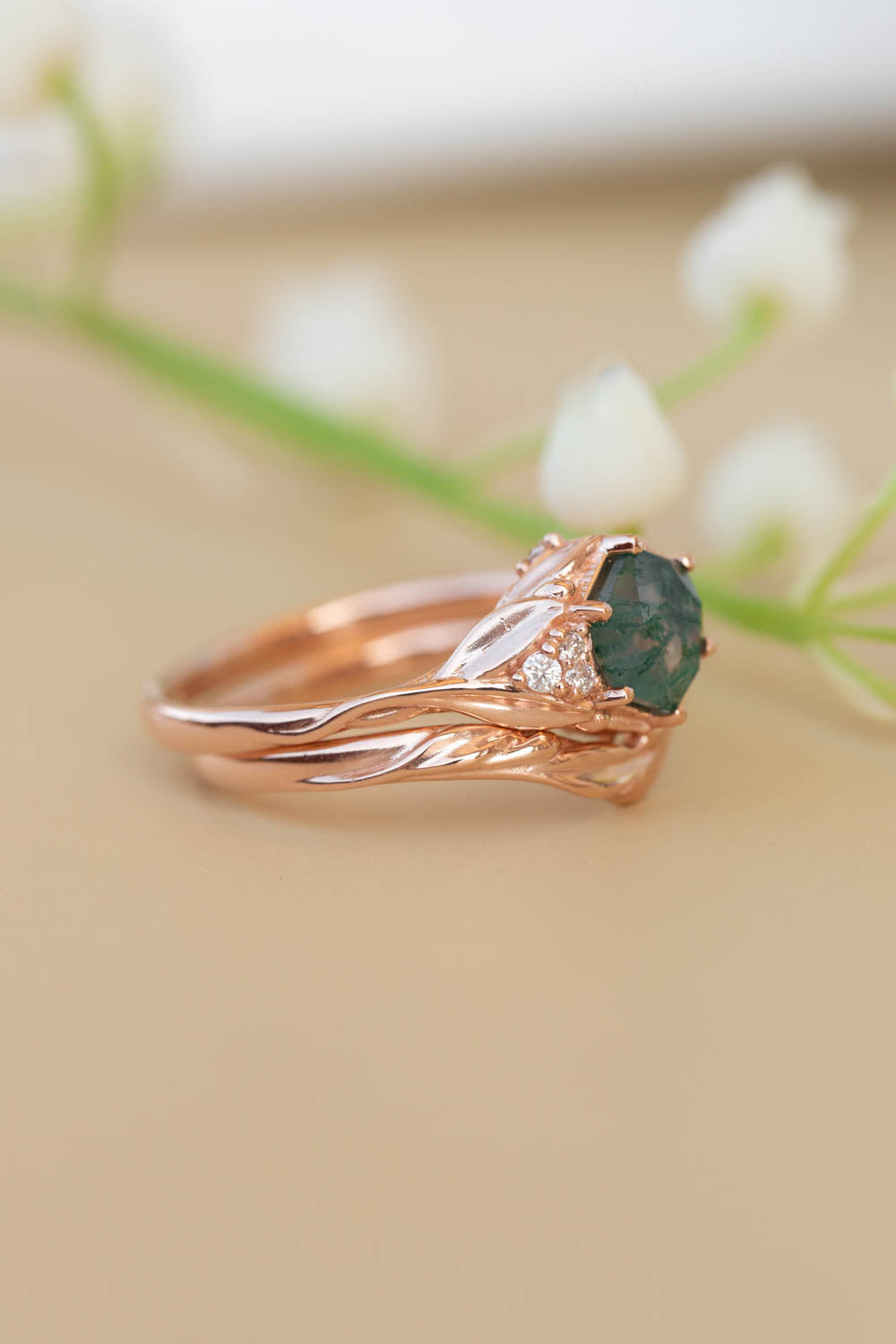 Moss agate bridal ring set, nature inspired engagement ring set with diamonds / Roma - Eden Garden Jewelry™