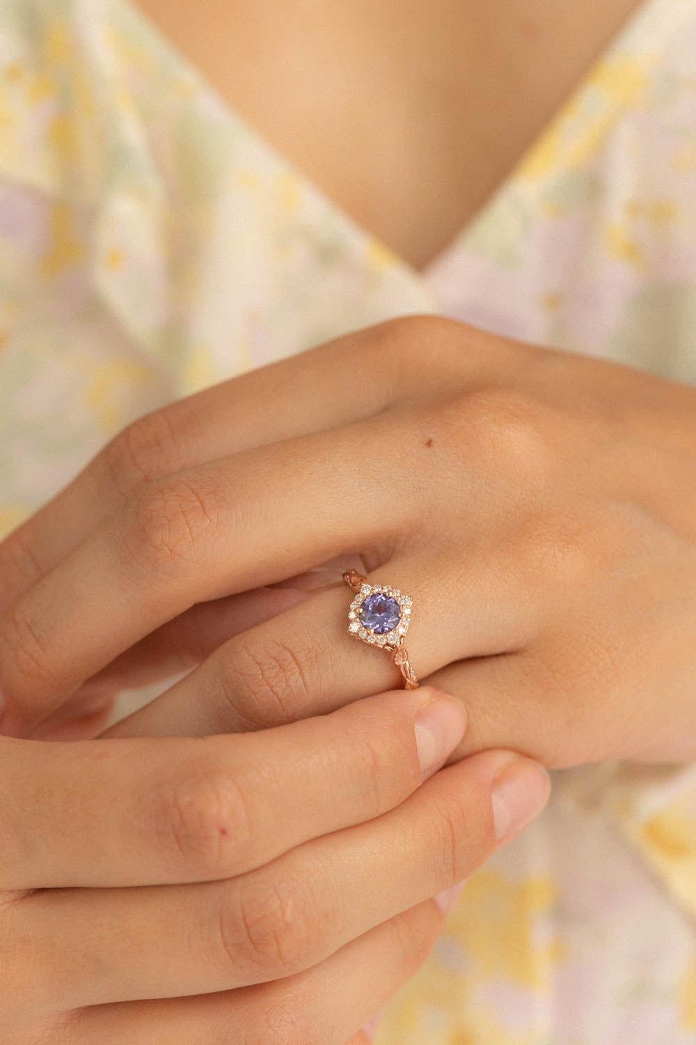 Lavender tanzanite engagement ring with diamond halo, rose gold leaves ring with diamonds / Florentina - Eden Garden Jewelry™