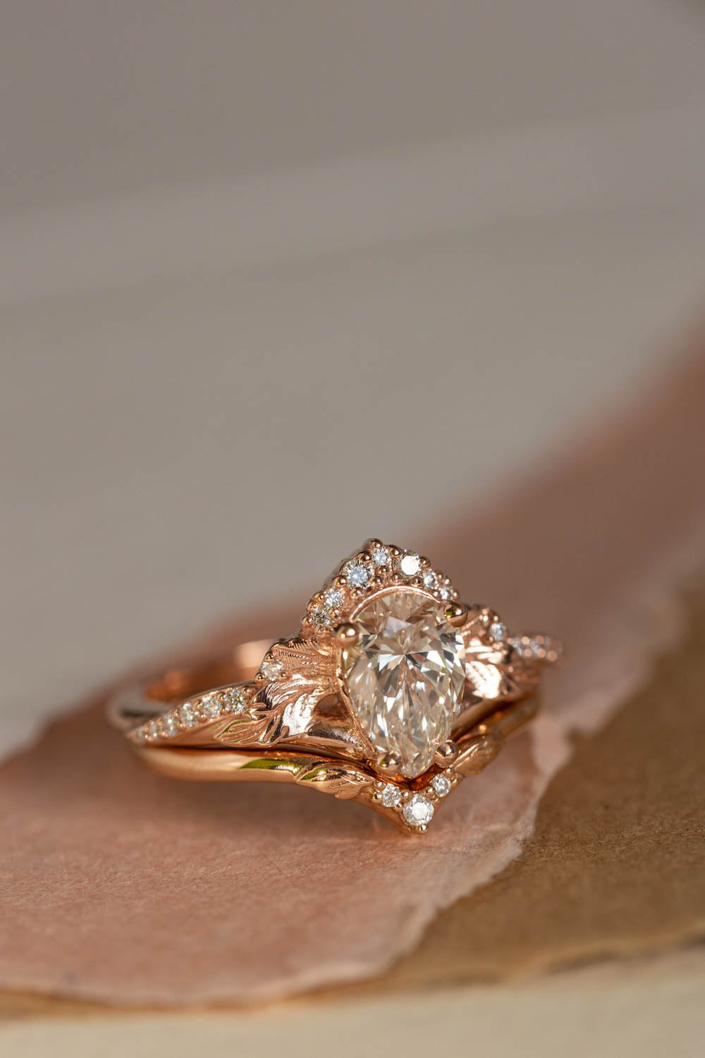 Lab grown diamond engagement ring set, rose gold leaves and diamonds crown bridal ring set / Amelia - Eden Garden Jewelry™