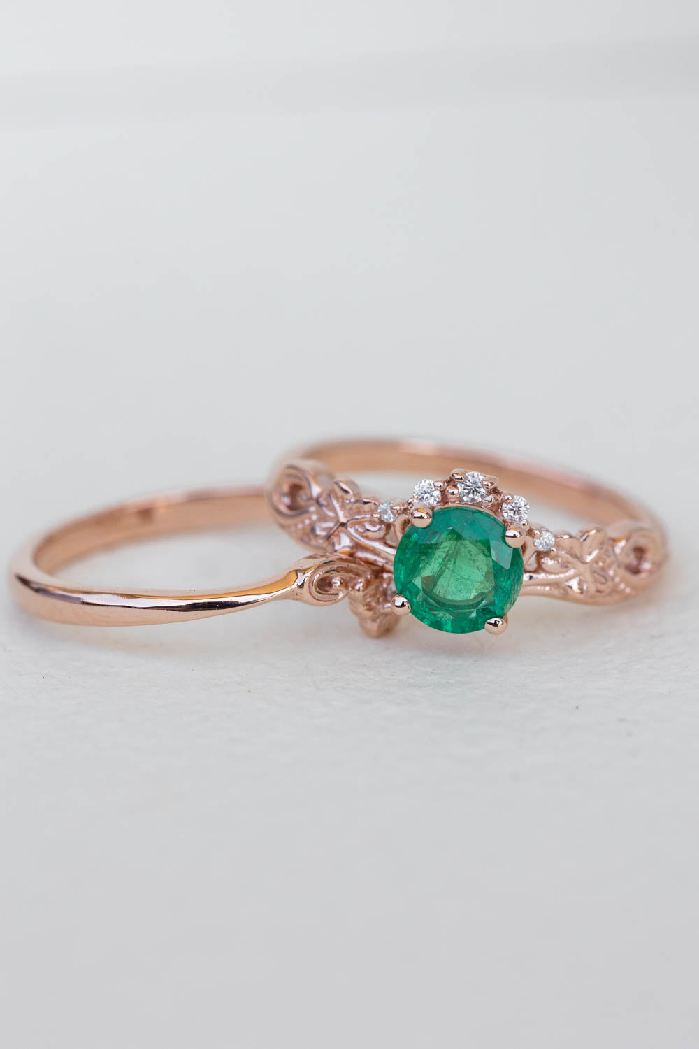 Round emerald rose gold engagement ring, clover leaves proposal ring with diamonds / Horta - Eden Garden Jewelry™