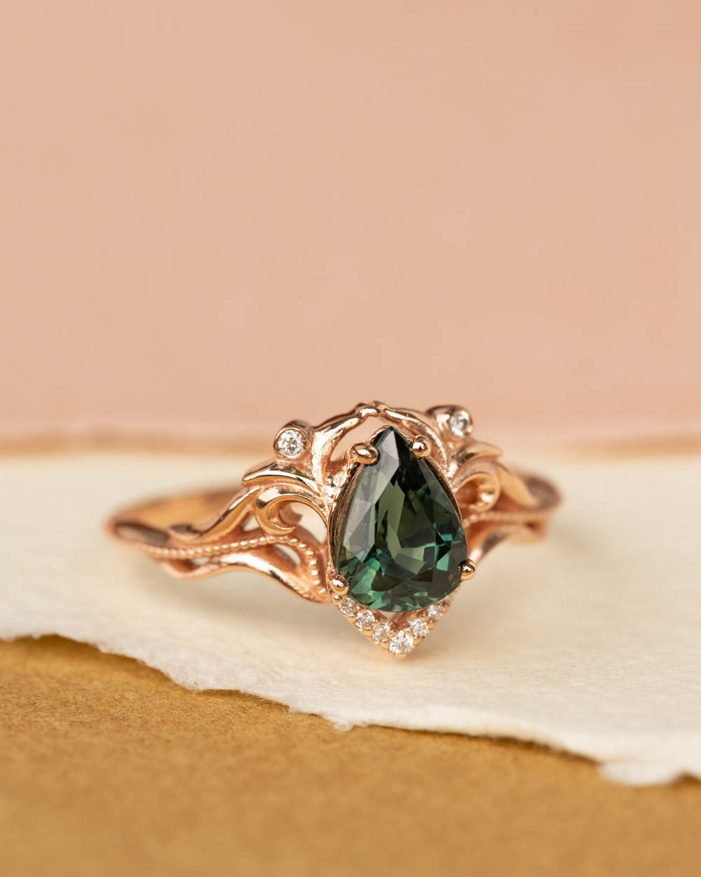 1.3 ct genuine green sapphire engagement ring, teardrop sapphire and diamonds proposal ring / Lida small - Eden Garden Jewelry™