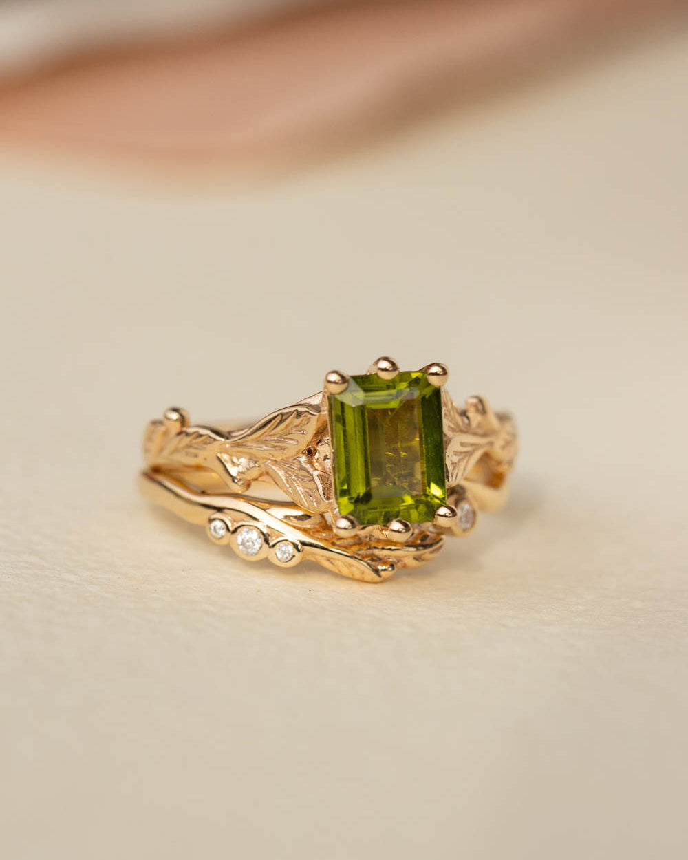 Octagon peridot engagement ring, nature themed branch proposal ring / Freesia - Eden Garden Jewelry™