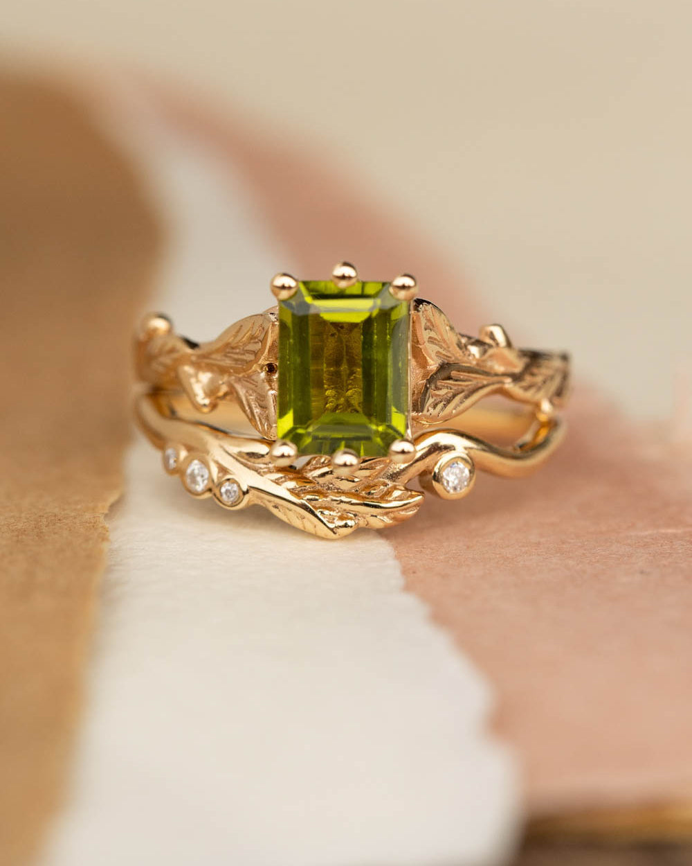 Octagon peridot engagement ring, nature themed branch proposal ring / Freesia - Eden Garden Jewelry™