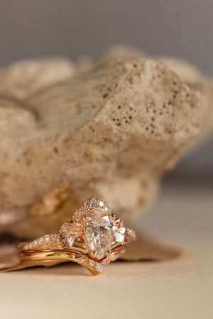 Lab grown diamond engagement ring set, rose gold leaves and diamonds crown bridal ring set / Amelia - Eden Garden Jewelry™