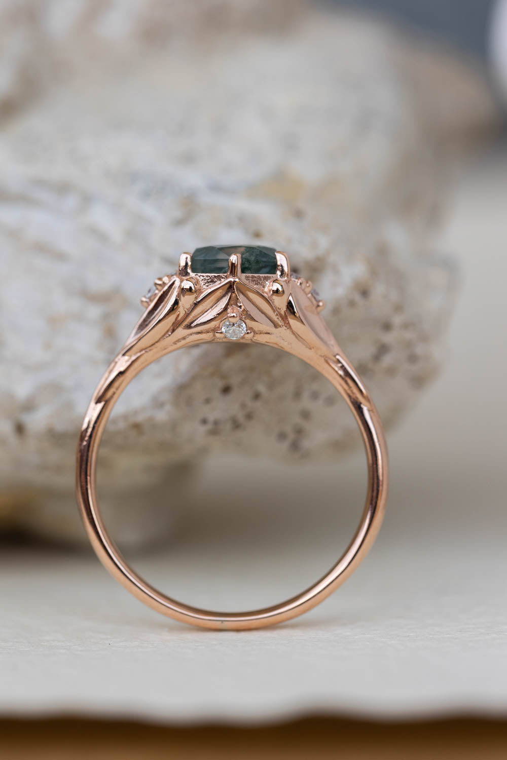 READY TO SHIP: Roma set in 14K rose gold, hexagon moss agate, moissanites, RING SIZE 7 US - Eden Garden Jewelry™