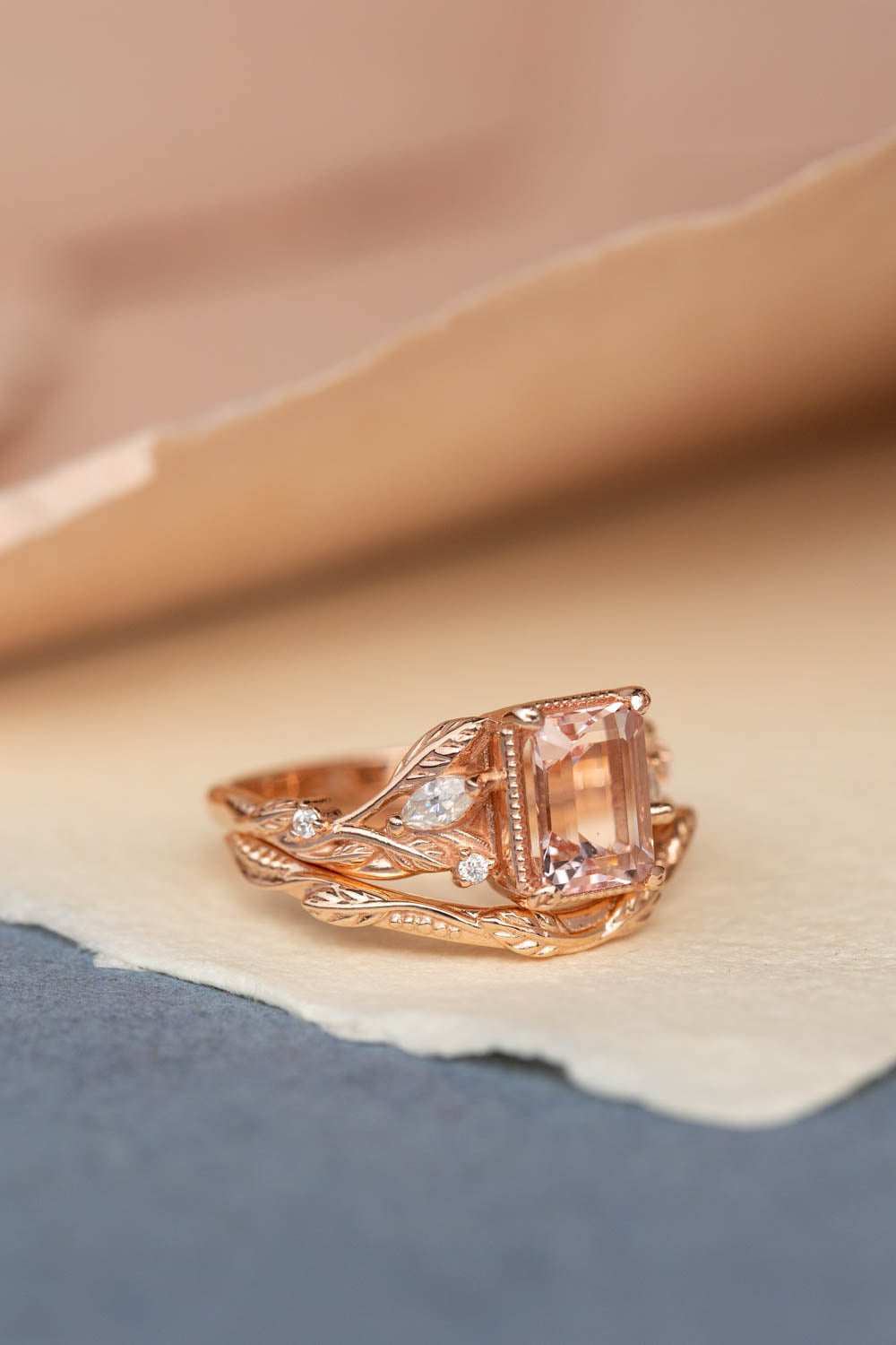 Morganite engagement ring set, emerald cut gemstone bridal ring set / Patricia - Eden Garden Jewelry™