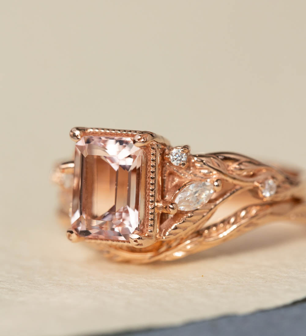 Morganite engagement ring set, emerald cut gemstone bridal ring set / Patricia - Eden Garden Jewelry™