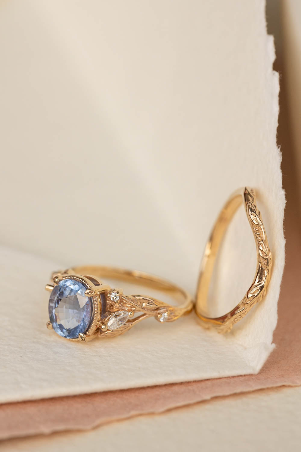 Natural blue sapphire engagement ring, gold leaves and diamonds promise ring / Patricia - Eden Garden Jewelry™