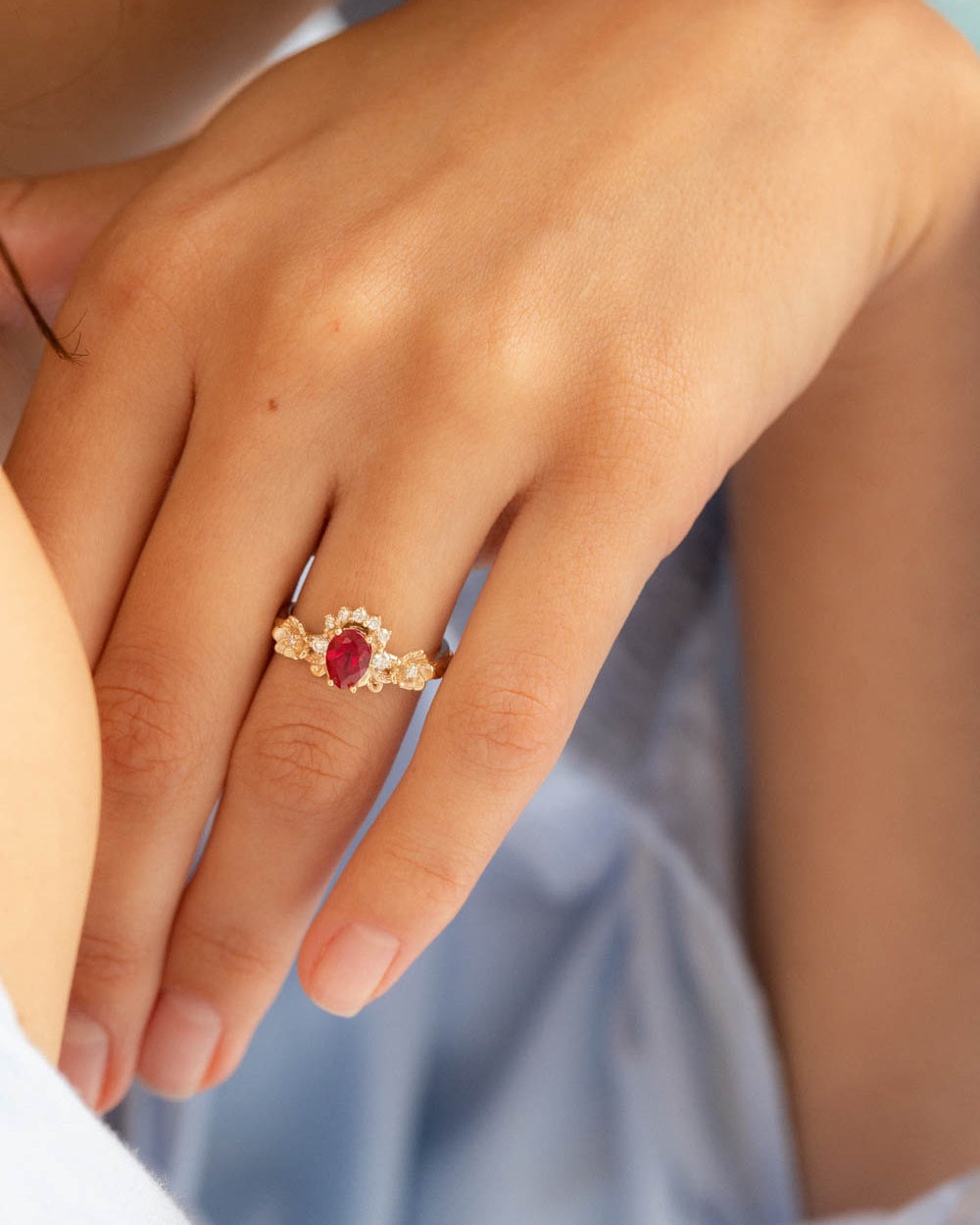 Lab ruby bridal ring set with diamond crown, unique flower engagement ring set / Adelina - Eden Garden Jewelry™