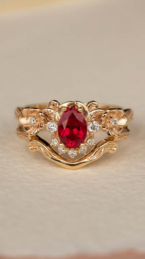 Lab ruby bridal ring set with diamond crown, unique flower engagement ring set / Adelina - Eden Garden Jewelry™