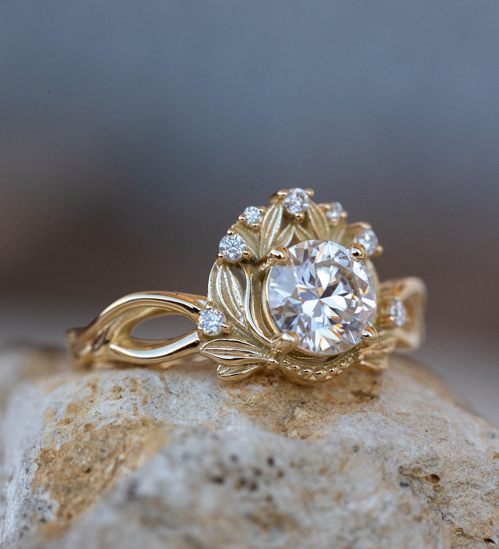 Moissanite nature inspired engagement ring, vintage style proposal ring / Nika - Eden Garden Jewelry™