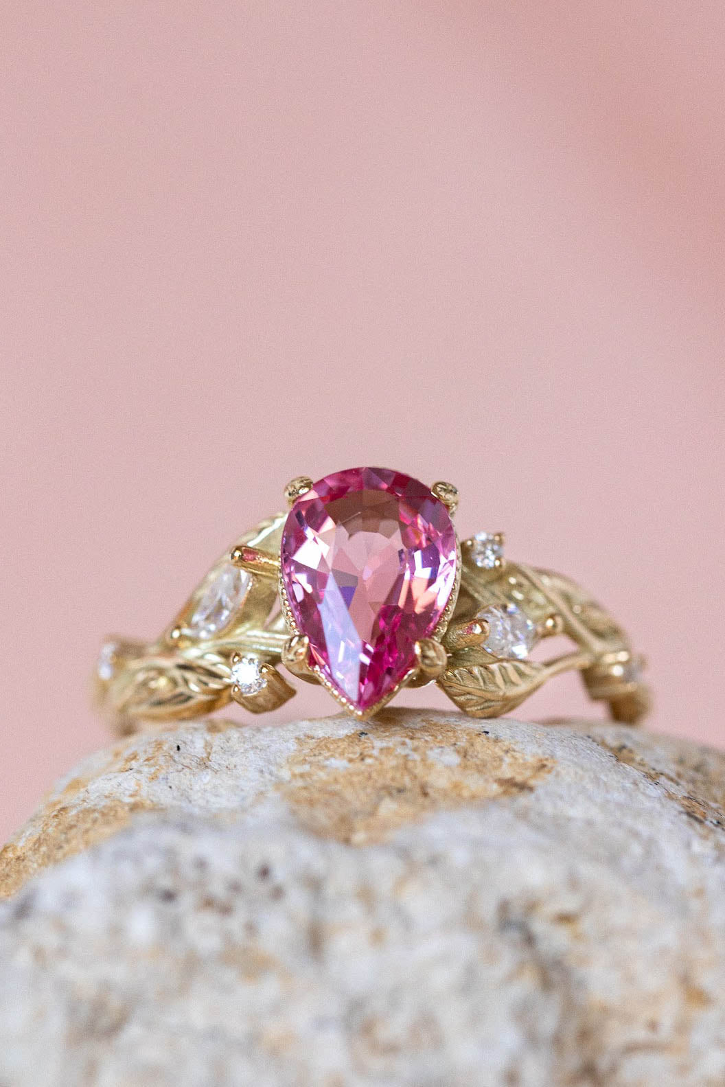 READY TO SHIP: Patricia ring in 14K yellow gold, natural pink spinel pear cut 8x6 mm, accent moissanites, AVAILABLE RING SIZES: 6-8US - Eden Garden Jewelry™