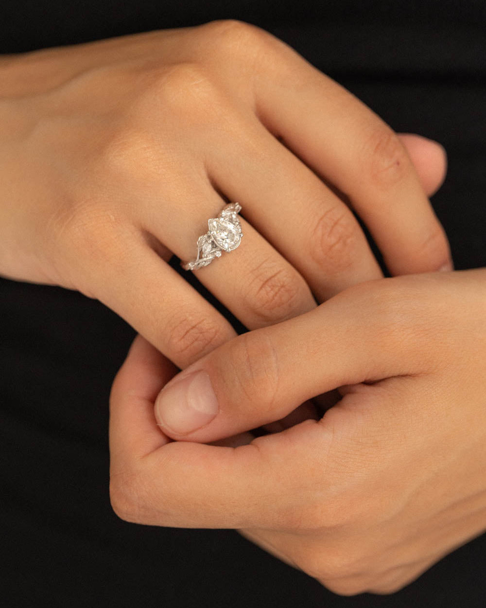 Pear lab grown diamond engagement ring, white gold nature inspired ring with leaves and diamonds / Patricia - Eden Garden Jewelry™