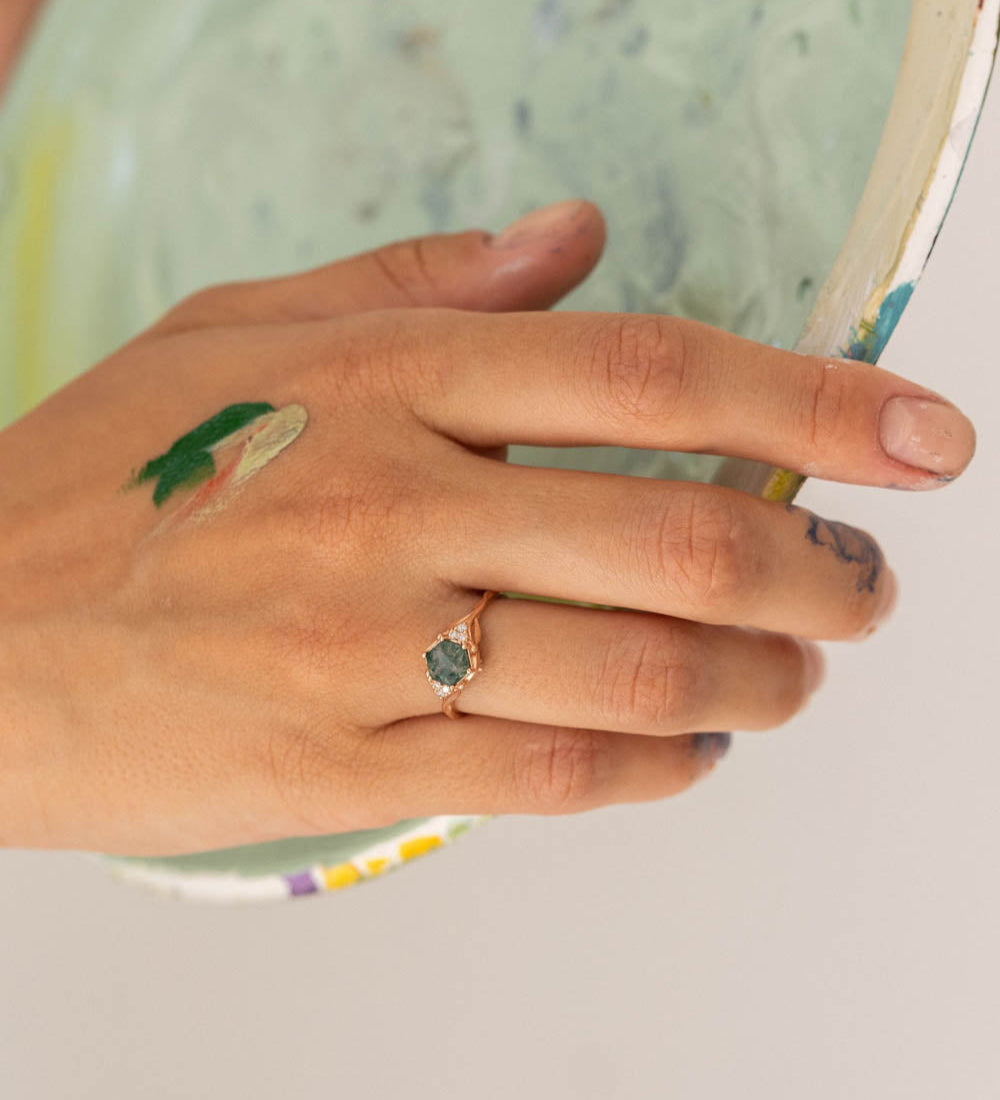 Moss agate engagement ring, gold leaves proposal ring with diamonds / Roma - Eden Garden Jewelry™