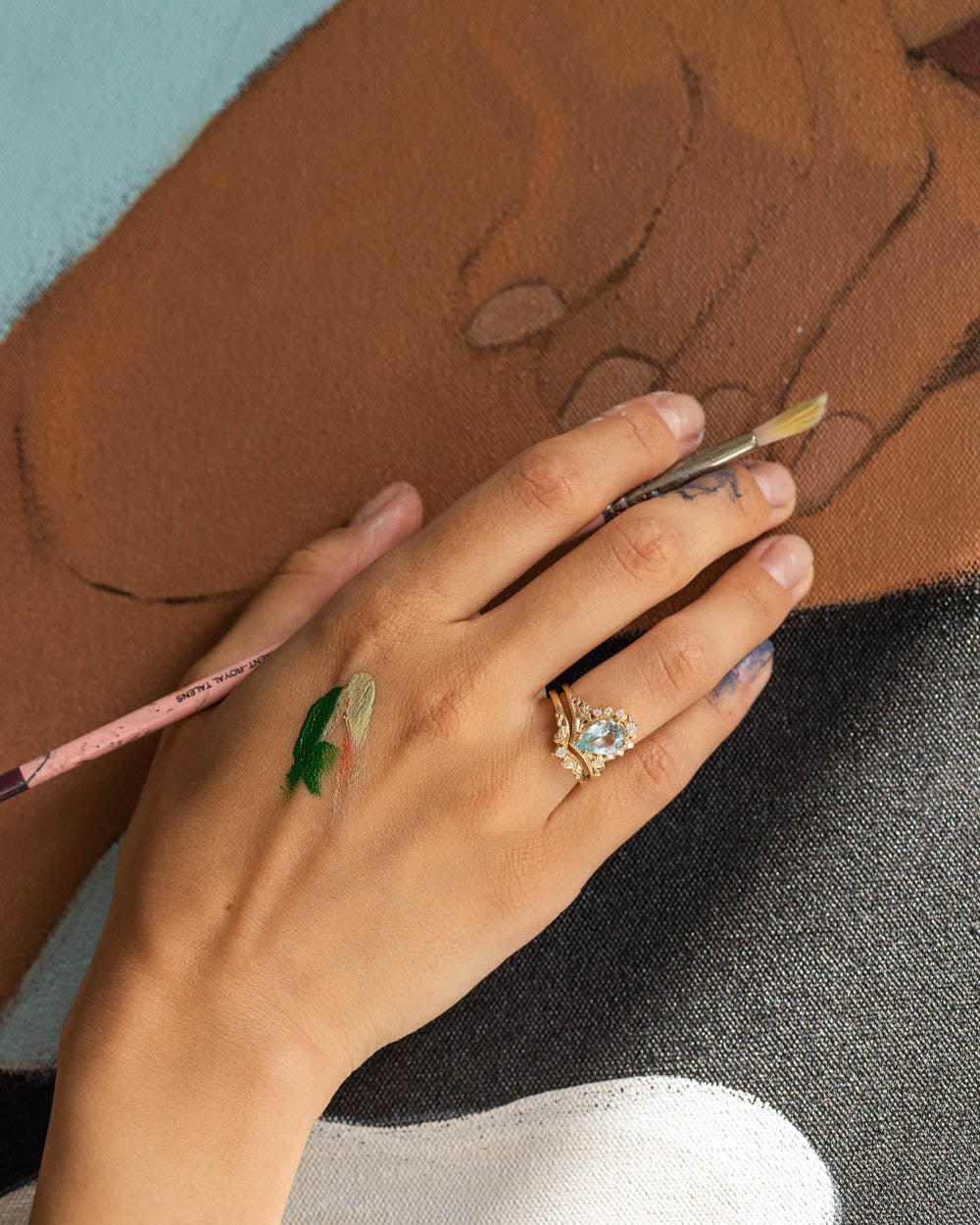 Aquamarine engagement ring, yellow gold proposal ring with diamond crown / Ariadne - Eden Garden Jewelry™