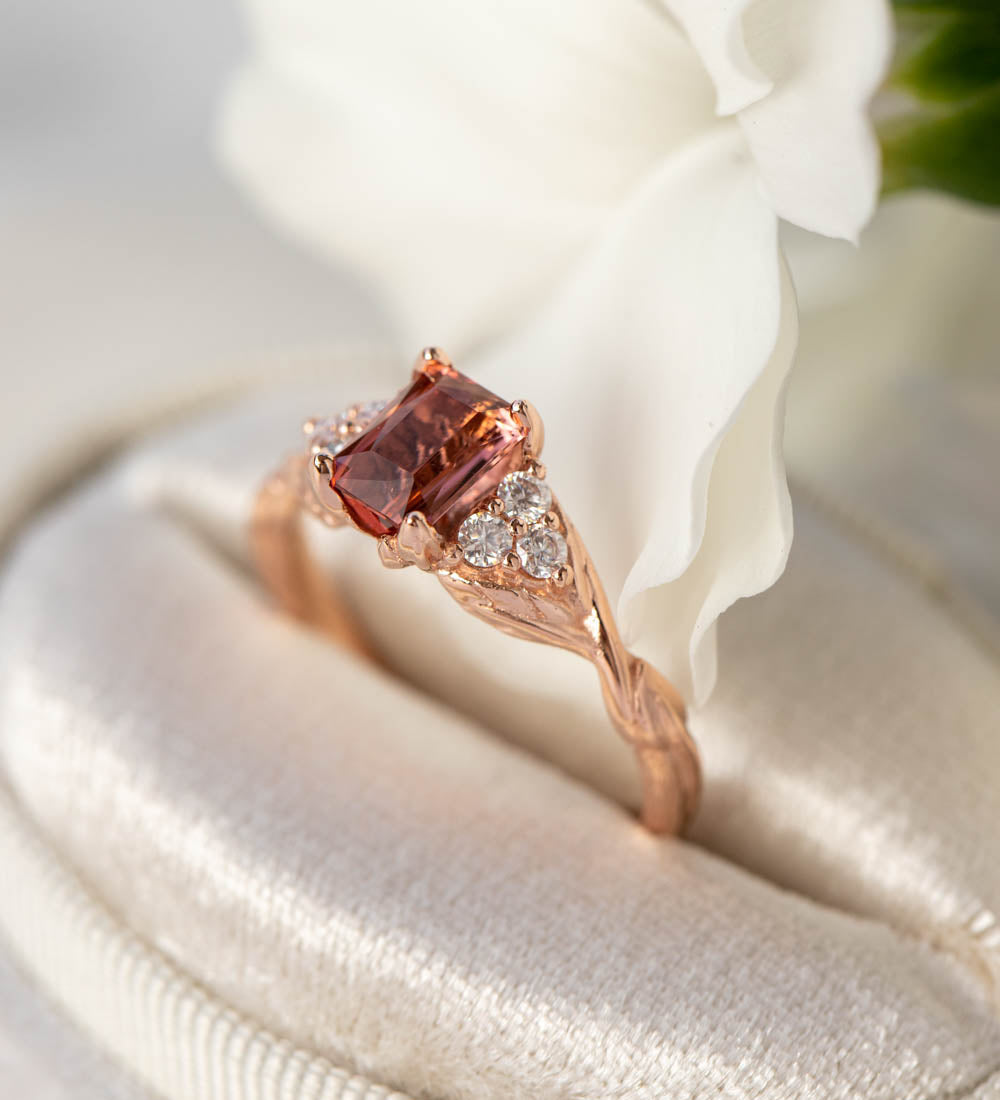 Pink tourmaline and diamonds engagement ring, emerald cut gemstone gold ring / Gloria - Eden Garden Jewelry™