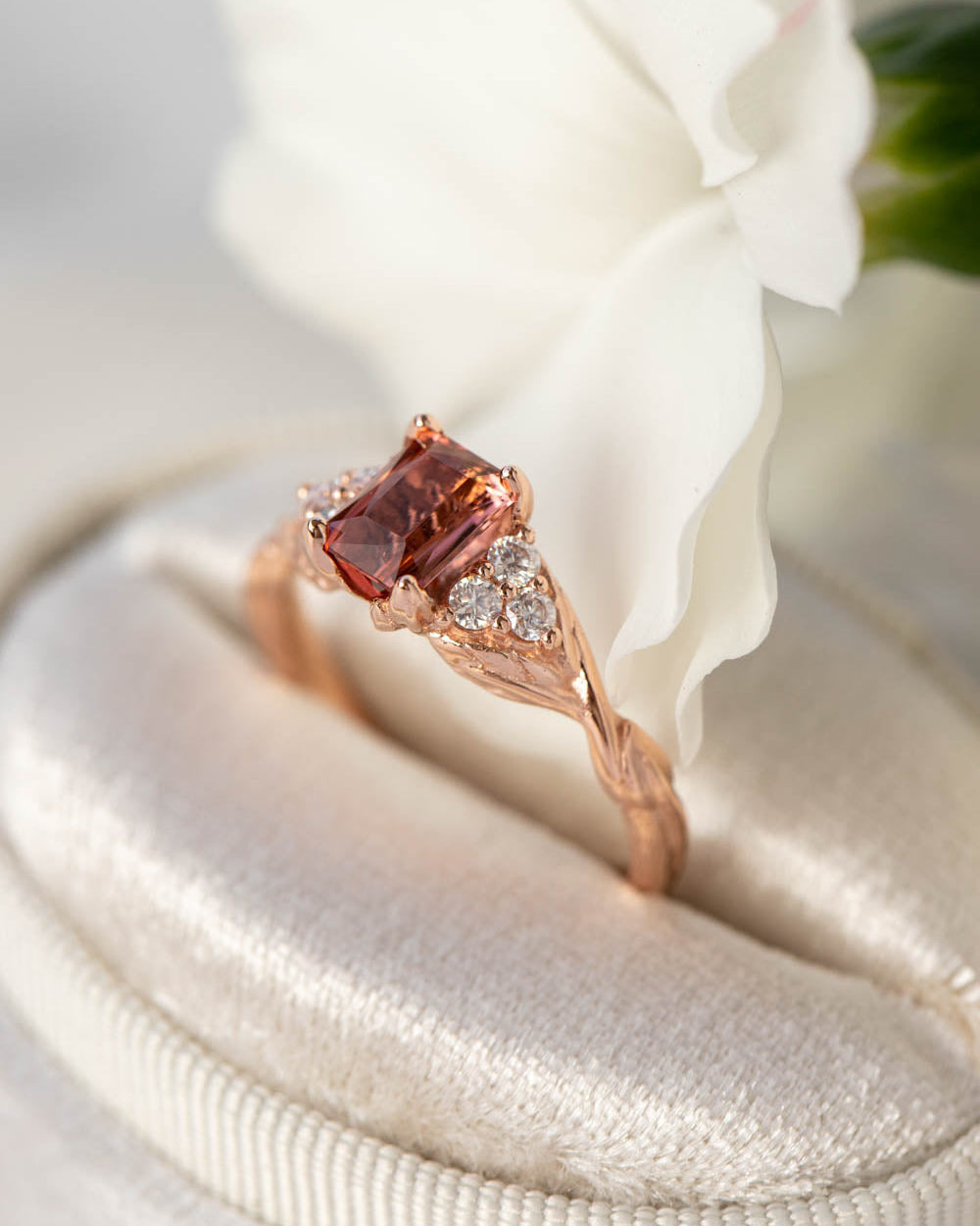 READY TO SHIP Gloria RING in 14K rose gold, natural pink tourmaline emerald cut 7x5 mm, accents moissanites, AVAILABLE RING SIZES: 5.5