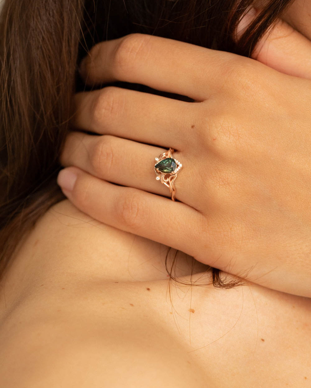 1.3 ct genuine green sapphire engagement ring, teardrop sapphire and diamonds proposal ring / Lida small - Eden Garden Jewelry™
