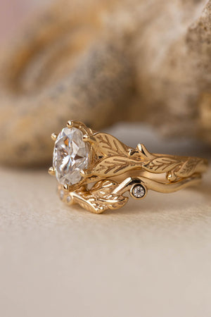 Moissanite nature inspired engagement ring set, gold leaves engagement and wedding rings / Freesia - Eden Garden Jewelry™