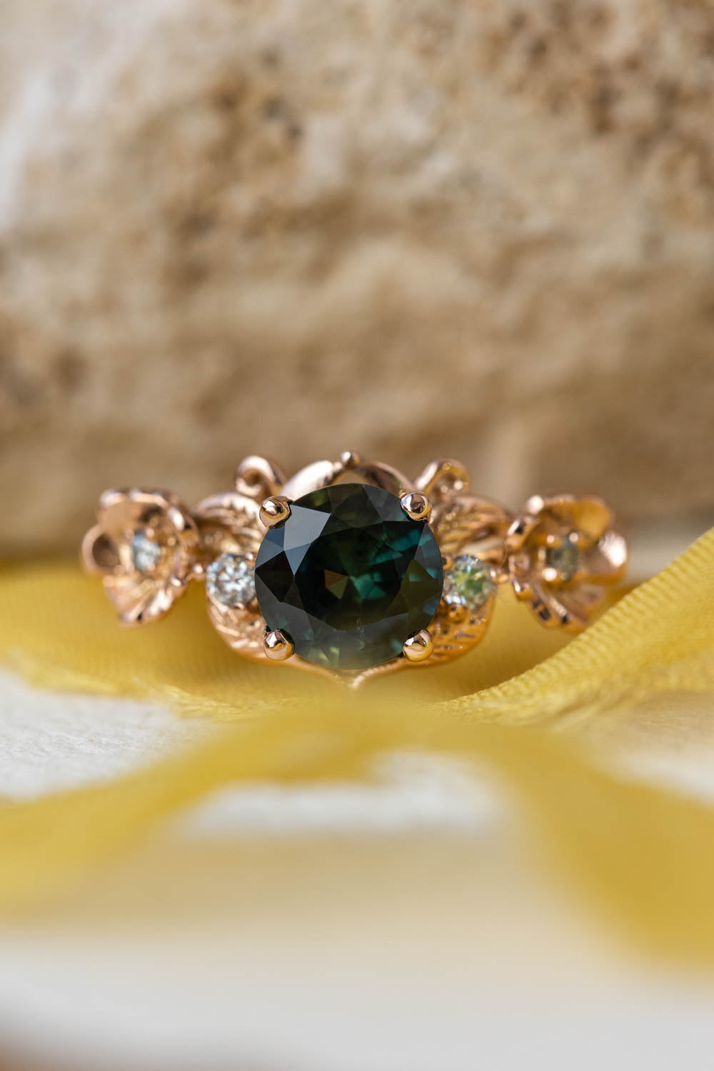 1 carat teal sapphire engagement ring, floral ring with diamonds / Adelina - Eden Garden Jewelry™