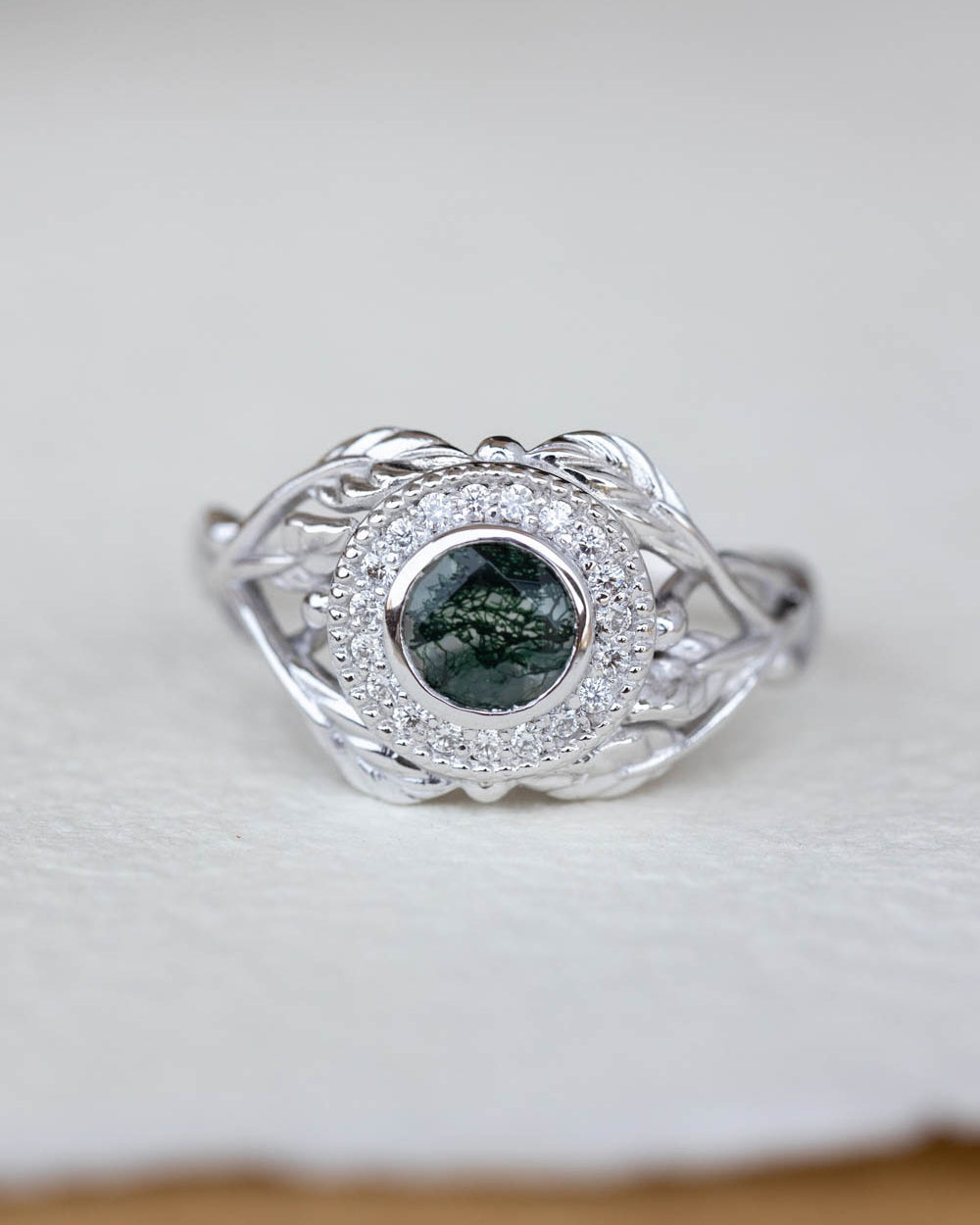 Moss agate and diamond halo engagement ring, nature themed gold branch ring  / Tilia halo - Eden Garden Jewelry™