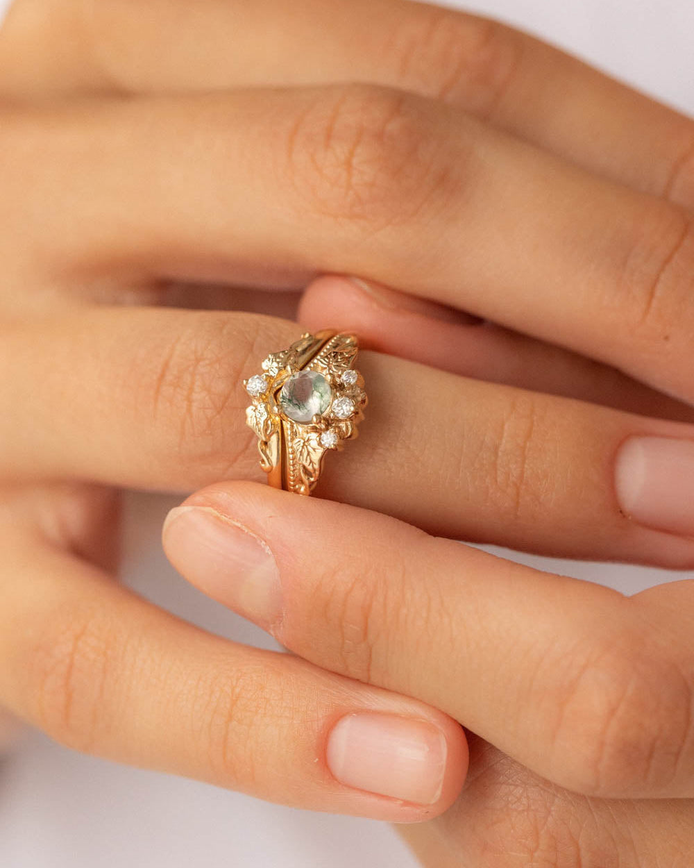 READY TO SHIP: Ariadne bridal ring set in 14K yellow gold, natural moss agate 5 mm, moissanites, RING SIZE - 6 US - Eden Garden Jewelry™