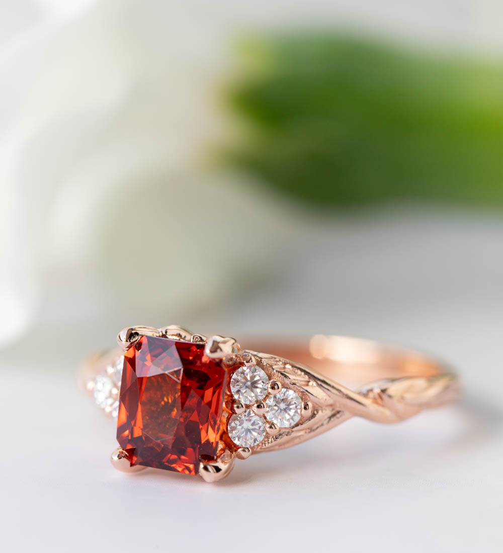 Emerald cut garnet engagement ring, rose gold proposal ring with diamonds / Gloria - Eden Garden Jewelry™