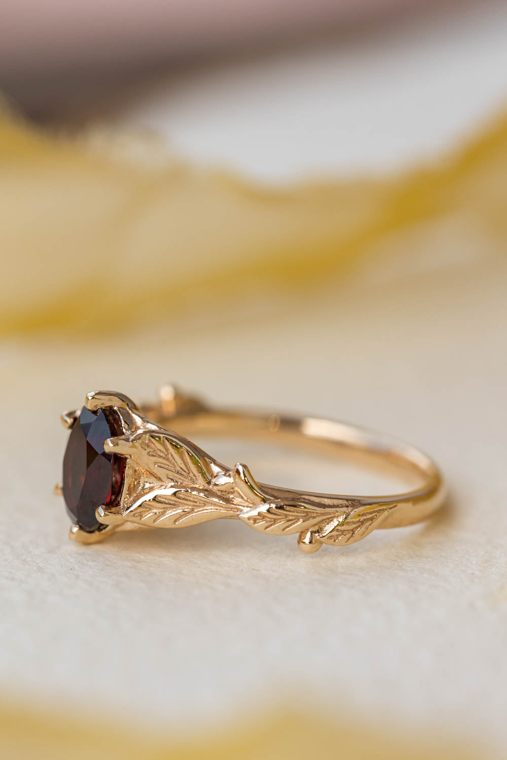 READY TO SHIP: Freesia ring in 14K yellow gold, natural garnet 8x6 mm oval cut, RING SIZE - 7 US - Eden Garden Jewelry™