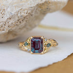 READY TO SHIP: Patricia ring in 14K yellow gold, lab alexandrite emerald cut 8x6 mm, accent moss agates and salt&pepper diamonds, AVAILABLE RING SIZES: 6-8US - Eden Garden Jewelry™