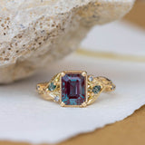 READY TO SHIP: Patricia ring in 14K yellow gold, lab alexandrite emerald cut 8x6 mm, accent moss agates and salt&pepper diamonds, AVAILABLE RING SIZES: 6-8US - Eden Garden Jewelry™