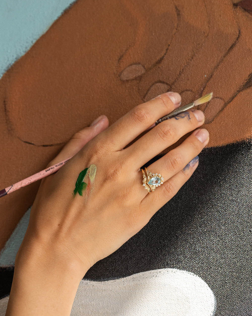 2.8 carat aquamarine bridal ring set, big pear cut engagement rings with diamond crown / Ariadne - Eden Garden Jewelry™